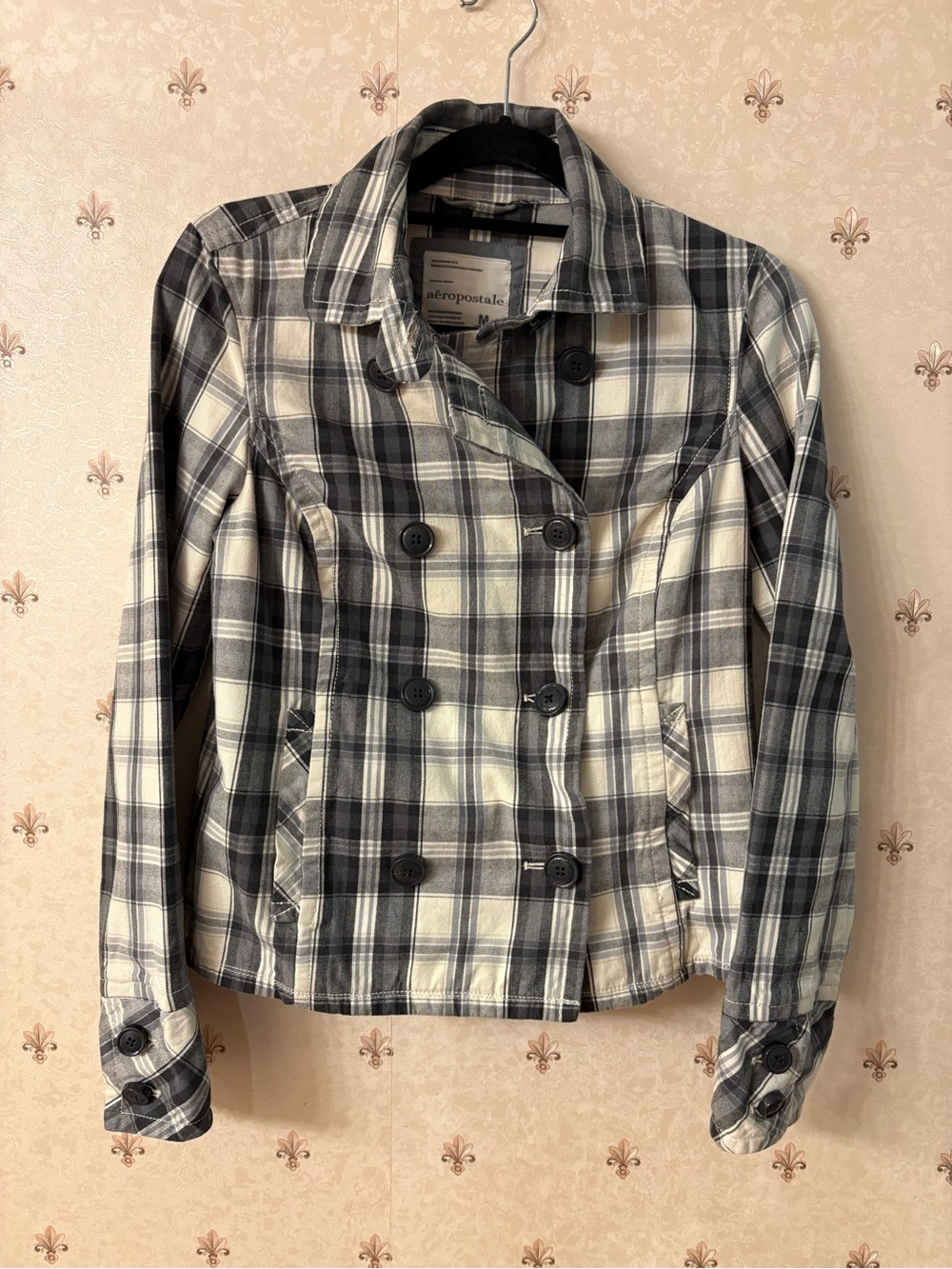 Aeropostale Women's Black & White Plaid Double-Breasted Jacket